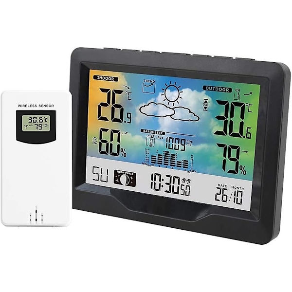 Färgglad LCD-display trådlös väderstation med väckarklocka, snooze, digital termometer, hygrometer och utomhussensor