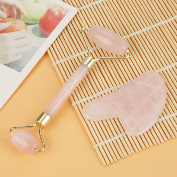 Luonnollinen Double Head Rose Quartz Jade Stone Roller & Scrapping Plate Face Hierontatyökalusarja