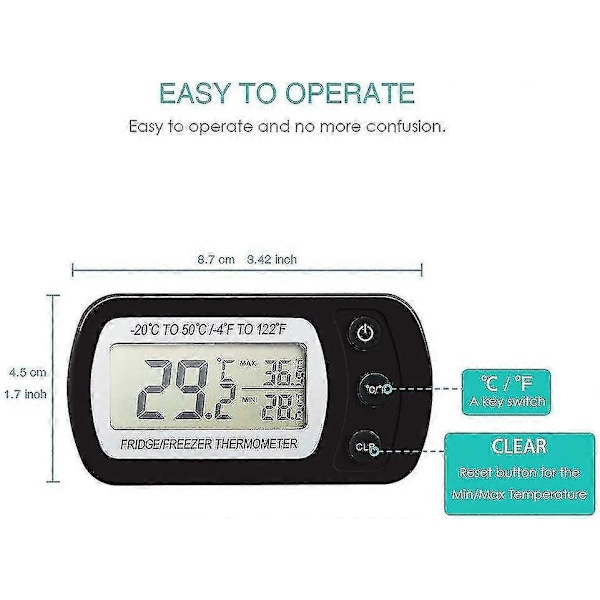 Digital Kylskåpstermometer, Vattentät Frysskåpstermometer Med Krok, Lättläst LCD-Display, Max/min Registreringsfunktion, Perfekt För Hem, Restauranger A
