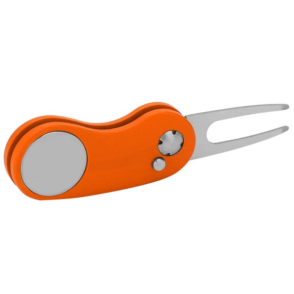 Foldbart golf-divot-reparationsværktøj i rustfrit stål med automatisk fjeder, foldbart tilbehør, orange