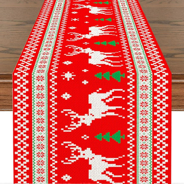 Juledug Rød Linneddug Jule Lang Træ og Hjorte Dug 183*33cm