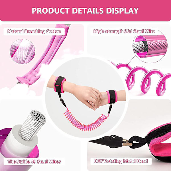 2-pack 2,5 m anti-förlorade barnarmbandskoppel med 360 rotation, bekväm baby , rosa