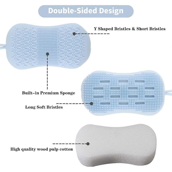 3-pack Dubbelsidig Silikon Kroppsskrubb Badborste för Djuprengöring, Exfoliering, Supermjuk Si