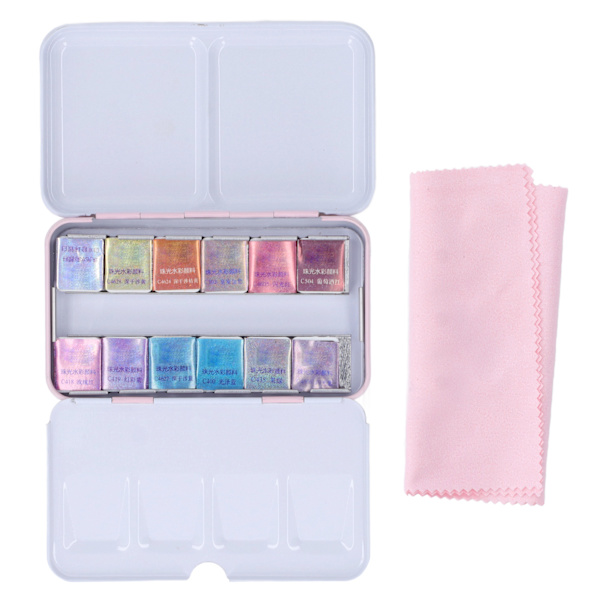 Konstnär Akvarellfärger Pearlescent 12 färger High Saturation Akvarellfärger Set med förvaringslåda för hemskola