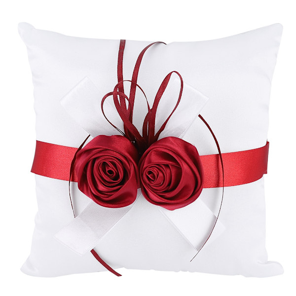 White Stylish Wedding Ring Pillow with Artificial Rose Flower Ribbon Decor Wedding Props