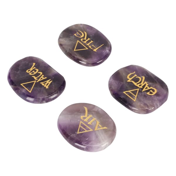 4 Element Blandade Stenar Graverade Triangulära Symboler Jord Luft Eld Vatten Polerade Runstenar för Reiki Kristallhealing Ametist