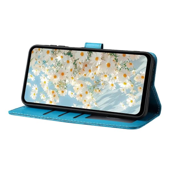 Leather Case with Embossed Daisy Pattern, Wallet Stand, Protective Phone Cover for Samsung Galaxy A56 5G Baby Blue