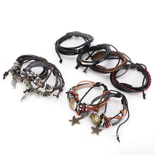 8 st läderarmband handvävda herr, flerlagers flätade retro punksmycken