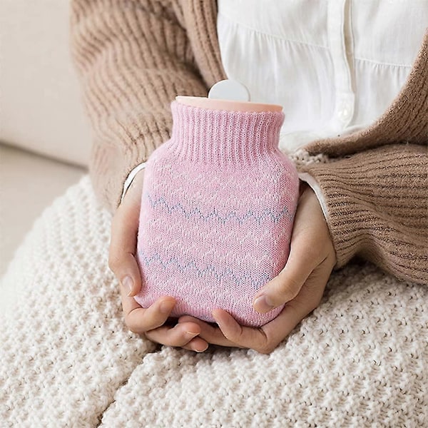 Rosa Liten Varmtvannsflaske, med Strikket Trekk, Mini Håndvarmere i Silikon, Kan Varmes i Mikrobølgeovn, Varm og Kald Terapi Vannposer, Egnet for