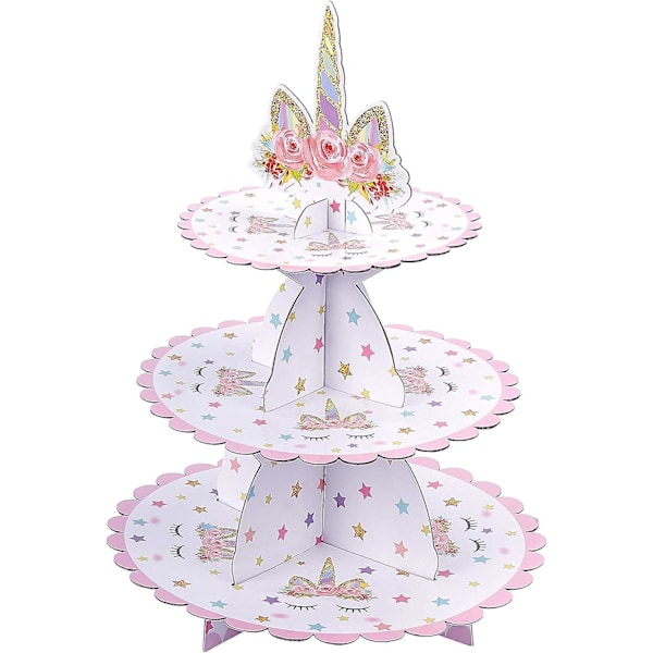 Enhjørning Cupcake Stativ 3 Lag Pap Cupcake Stativ til Baby Shower Børnefødselsdag Tema Fest（35*30CM）