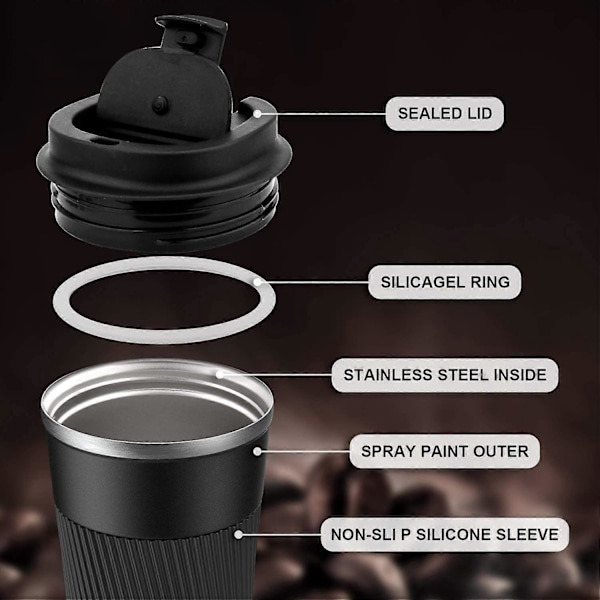 (Svart) Resemugg för varma drycker - 380ml - Läcksäker isolerad kaffemugg i rostfritt stål för varm/kall kaffe, mjölk, te
