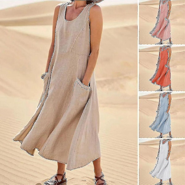 Boho-stil Sommerkjole til Kvinder, Ærmeløs Linnedkjole med Lommer, Strandkjole - Khaki-L