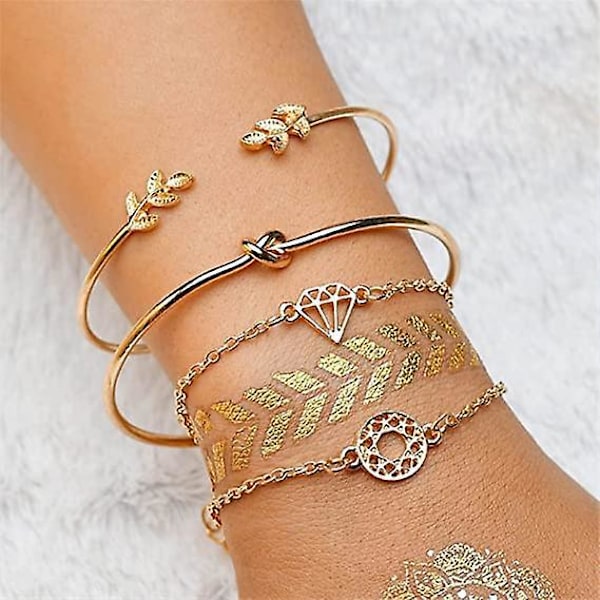 4 stk. lagdelte armbånd til kvinder, guld olivenblad knude stablebare armbånd justerbare boho charme armbånd smykker til teenagepiger