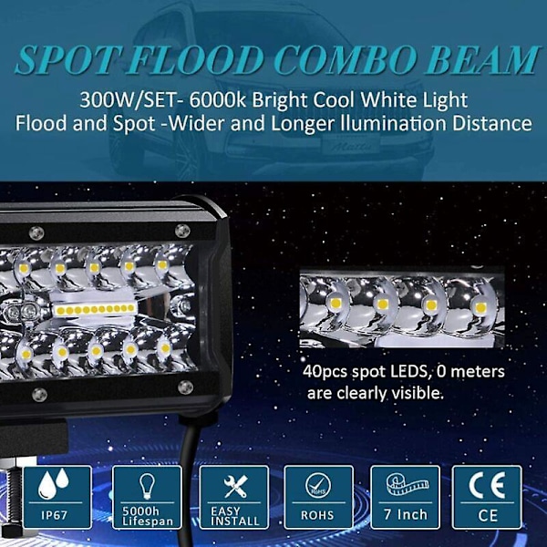 LED Arbeidslys 12V 300W 7' Bil LED Spotlight 12v Vanntett IP67 Spot Flood LED Tåkelys 27 000lm Arbeidslys for Bil Lastebil Traktor SUV Båt (2 stk)
