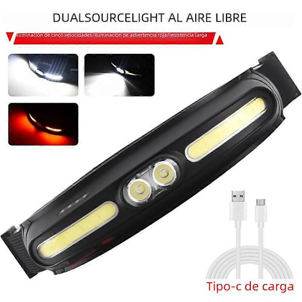 COB+LED Pannlampa, Kraftfull 210° Bred Vinkel Justerbart Band, USB-C Uppladdningsbar, Rött Ljus Anpassningsbar för Vandring, Resor, Expeditioner, Fiske