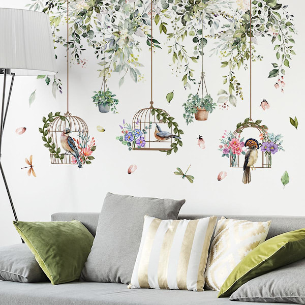 En uppsättning Väggdekaler Växter Blommor Fågelburar Väggdekaler för Vardagsrum Sovrum Kontor Väggdekor