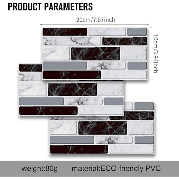 Självhäftande Kakelväggsdekal Vattentät 3D Cementkakel PVC-dekaler för Kök, Badrum, Vardagsrum 20 * 10CM 27 st (Svart-Vit-Grå)