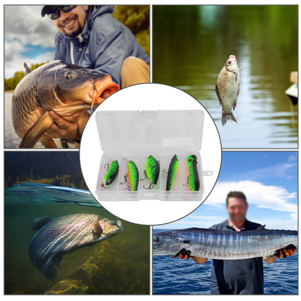 5 Styck Bete Fisk Lure Set med skarpa Diskant Krok Fiskeredskap Grön