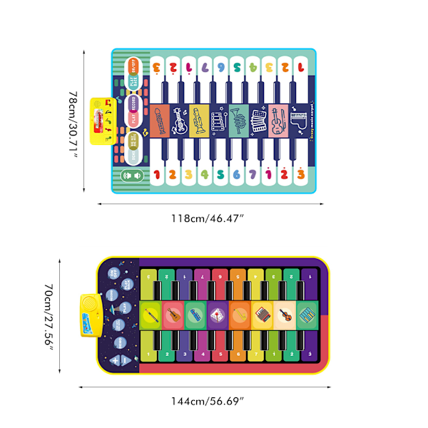 Pianomatte for barn - Dobbelt keyboard musikkspillmatte - Bygg inn sangakkompagnement - Krypematte - Piano - Tidlig utdanning leketøy