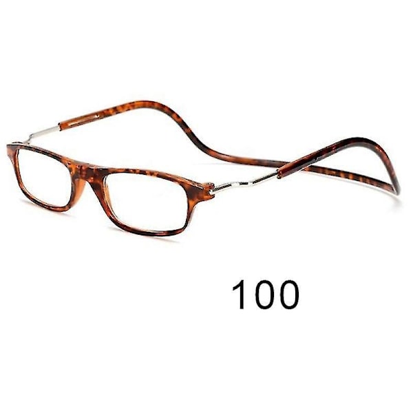 Foldbare justerbare klare lesebriller med fleksibel magnetisk nakkehengende design briller styrke 100 leopard print