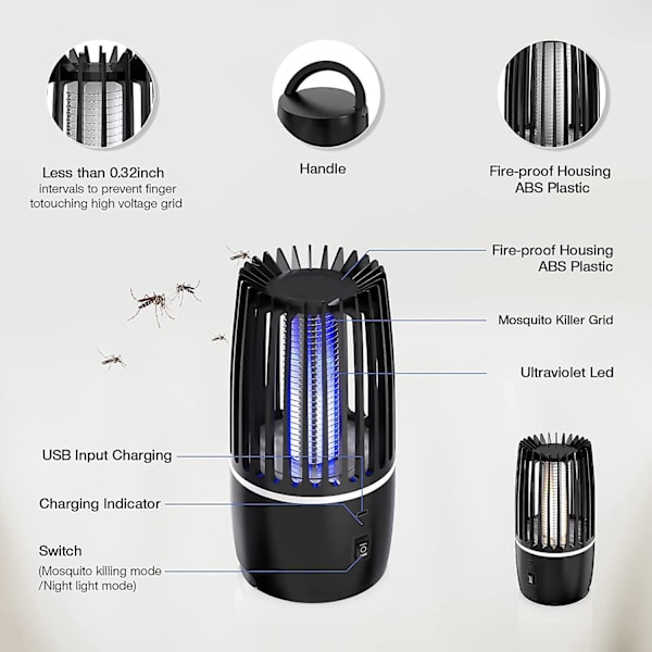 Elektrisk myggdödande lampa, USB-laddningsbar flugfälla - Bug Zapper med 360° UV-attraktion, 4000mAh