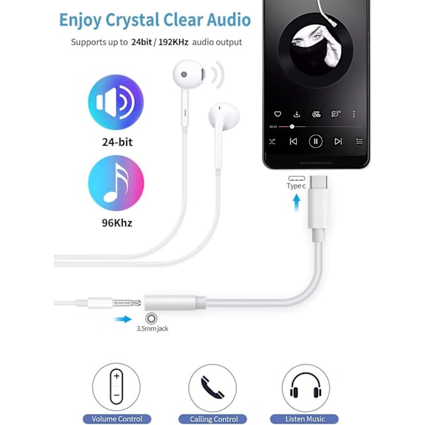 USB C - 3,5 mm:n kuulokeliitäntäsovitin Samsung Galaxy S22/S21/S20/S20+ -puhelimille ja Huawei P30/P20/Mate10/Mate20 Pro -puhelimille