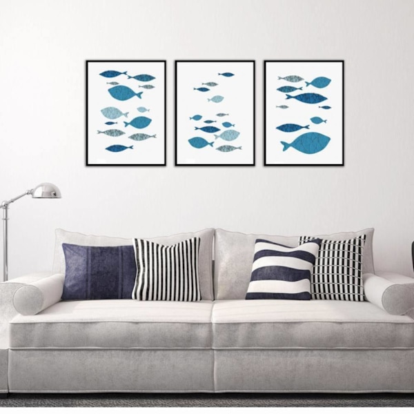 3 st canvas väggkonst målning tecknad fisk tryckt bild hem kontor dekor