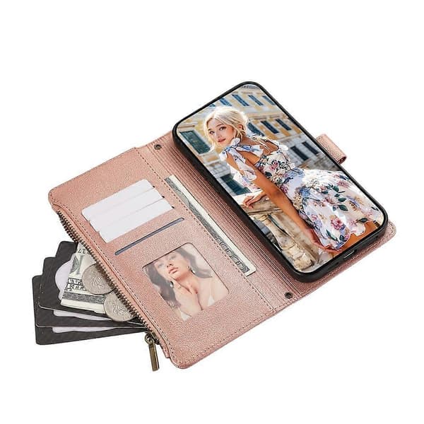 Compatible Case for Samsung Galaxy A56 5G, Multi-Slot, Zipper, Leather Case with Wrist Strap PinkGold