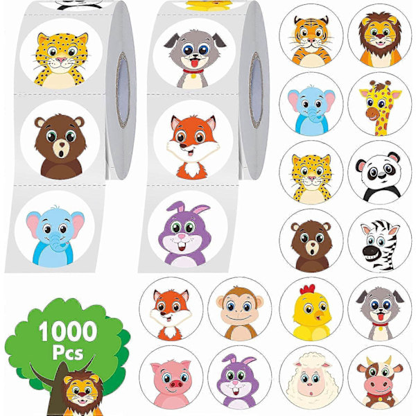 1000 Djurklistermärken, 16 Designs av Söta Landdjur, Belöningsklistermärken för Lärare, Barn, Skola, Klassrum, med Punch Line (2,5 cm Var)