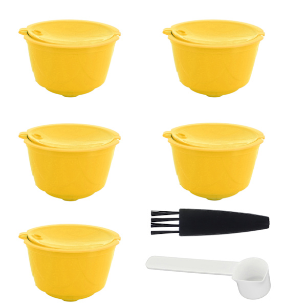 Kaffemaskin Kapsel Kit Återanvändbar Kaffefilter Kopp Tillbehör Passar för DOLCE GUSTO(Gul 5 Kapslar1 Sked 1 Borste)