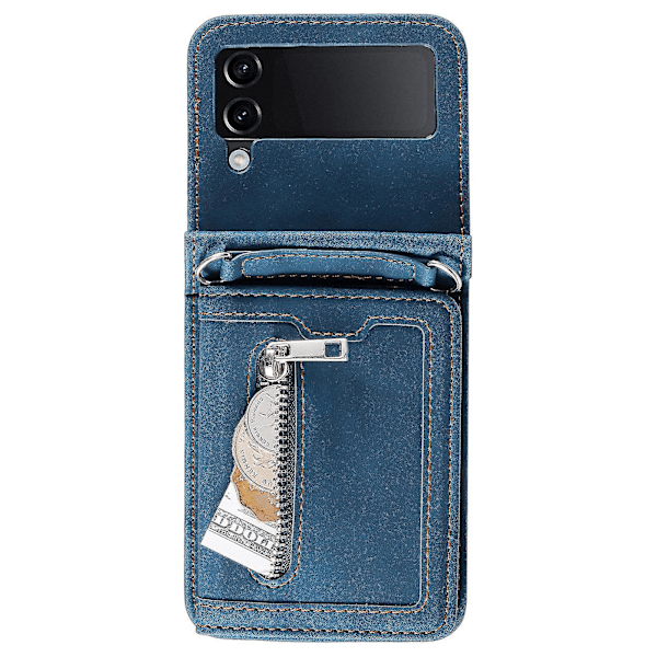 Samsung Galaxy Z Flip4 5g Kotelo Korttipidike Pu Nahka Jalusta Puhelinkuori Käsiremmi-B6 Sininen