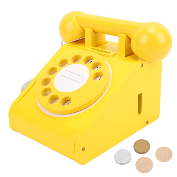 Simuleringstelefon för barn Rosa gammaldags vridbar urtavla telefon Retrodesign Träsimulering Retro urtavla Telefon Gul