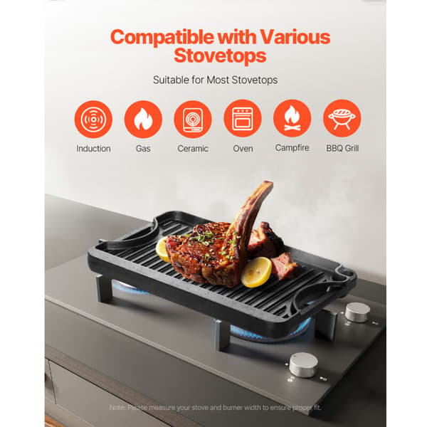 Mophorn Reversible Cast Iron Griddle (185 x 342 mm), Portable Rectangular BBQ Pan with Handles, Versatile Cookware for Stovetops and Grills, Black Black