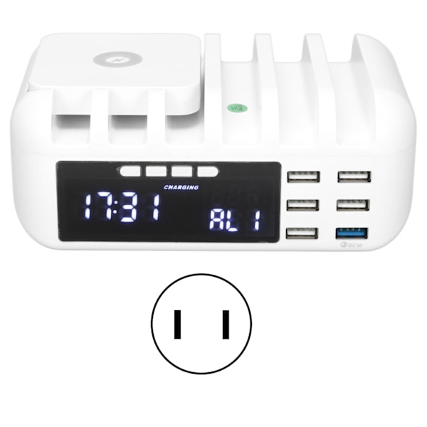 Multifunktionell 5-portars laddare trådlös USB snabbladdning skrivbord digital klocka mobiltelefonladdare 110‑240VUS-kontakt
