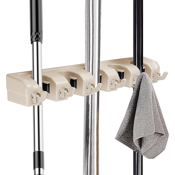 Monitoiminen seinälle kiinnitettävä moppiteline, jossa 5 pallopaikkaa ja 6 koukkua (beige)