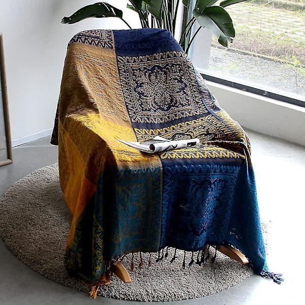 Stammemønster Chenille tæppe med kvaster - 150 x 190 cm, blå