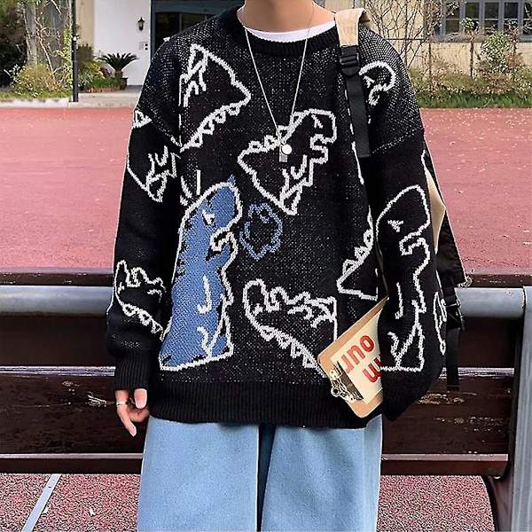 Søt Dinosaur Trykk Unisex Oversized Strikket Genser Topp - Svart