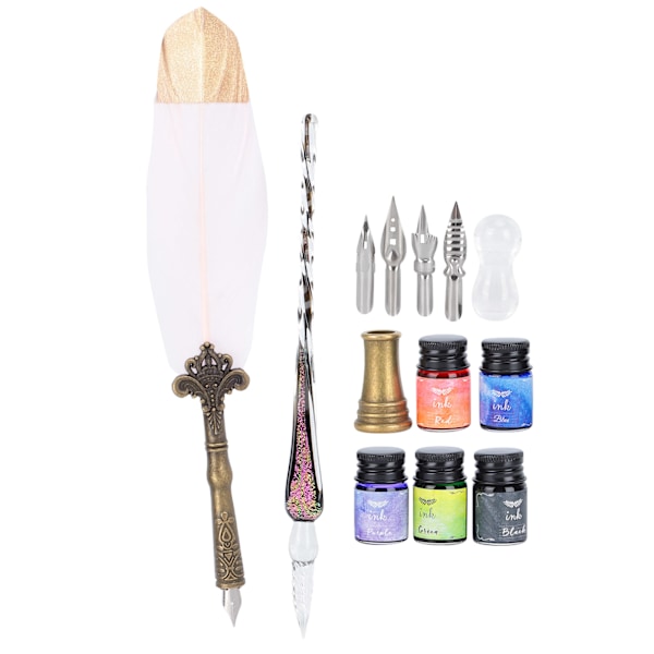 Kalligrafi Pen Set Glas Bläck Fjäder Fountain Pen med Utbytbart Spets Skriv Present Box KitSP118839 Guldhuvud Rosa