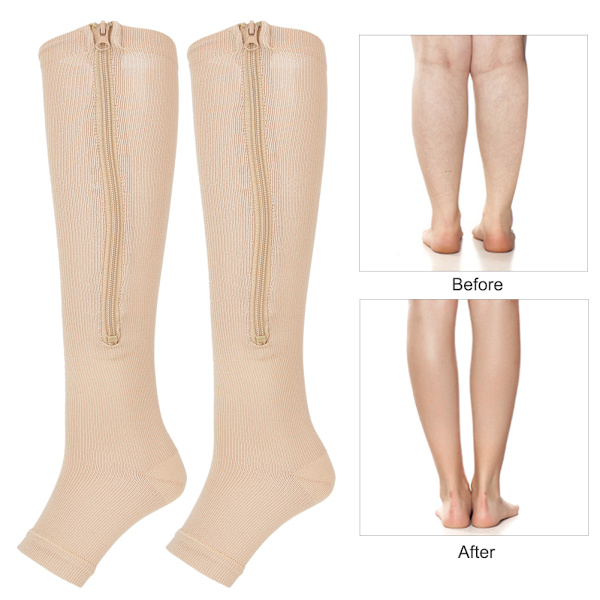 1 par blixtlås mid vadlängd strumpa kompressionsstrumpor Slim Leggings Stretch strumpor öppen tå (hudfärg XXL)
