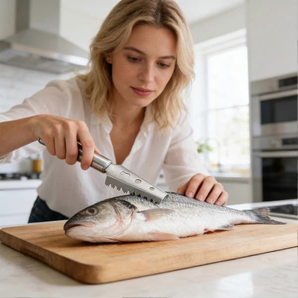 Stainless Steel Fish Scale Scraper with Splash Guard Ergonomic Handheld Descaling Tool for Kitchen