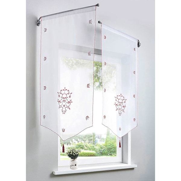 1 Stykke Polyester Tyndt Gardiner Blomsterbroderi med Pompon Korte Gardiner Vinduesdekoration Soveværelse/Badeværelse/Cafe/Køkken (LxH/80x160cm, Vinrød)