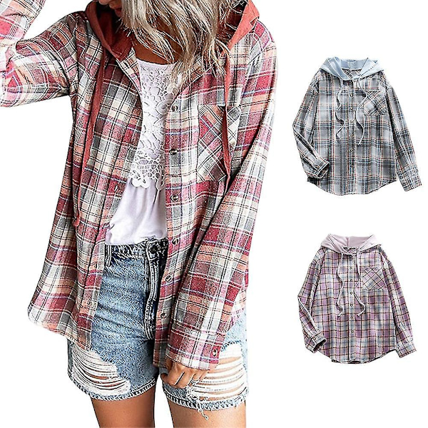 Kvinners Casual Plaid Hoodie Skjorte Løs Lang Ermet Knapp Bluse M Himmelblå