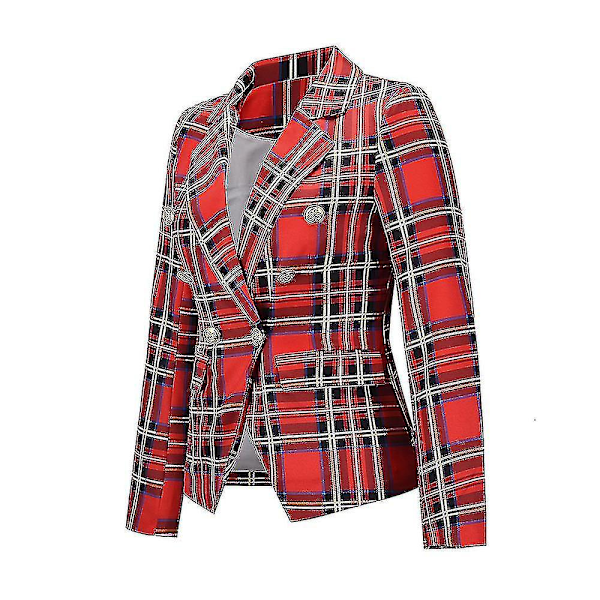 Stilful Kvinde Tartan Knap Blazer - Slim Fit Langærmet Frakke M Rød