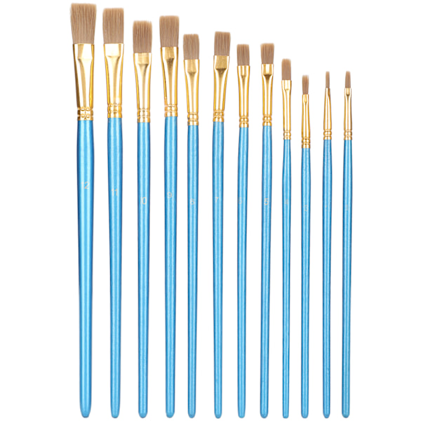 12 stk. pensel sæt flad spids nylon uld blå stang træ aluminium rør maling pen