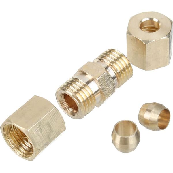 3/16-tommer messing kompressionsfitting, 5 stykker. Lige forbindere til hydrauliske bremseslanger. Professionel installation anbefales.