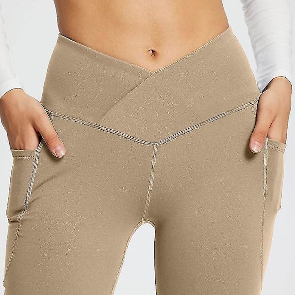 Hög midja Bootcut Yoga byxor med fickor för kvinnor - Tummy Control Workout Leggings L Khaki