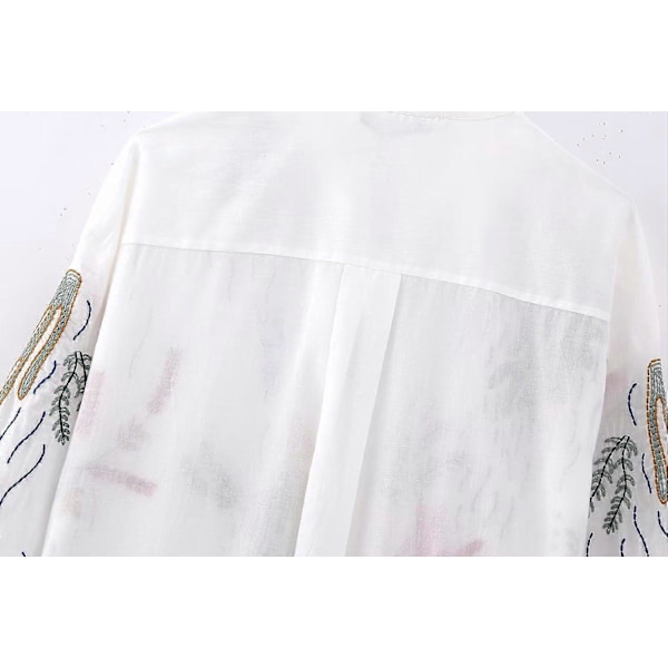 Dame Mode Broderet Lang Bluse Blød Talje V-Hals Enkelte Knapper Side Drapering Afslappet Sommer Polyester S
