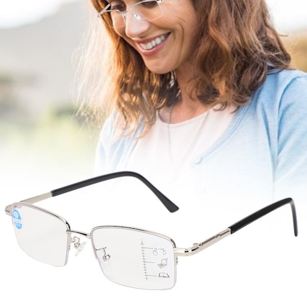 Metalliset Multifocal-väsymystä lievittävät lukulasit Blue Rays Presbyopic -lasit 150 hopea