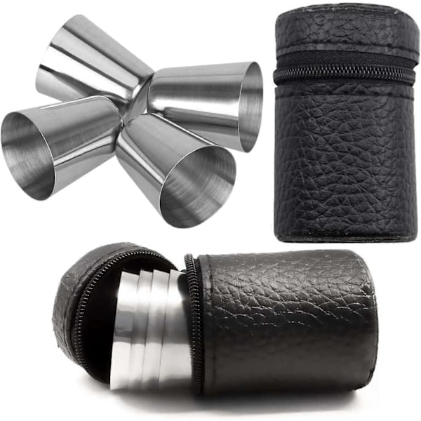 4 stk. 30 ml Shotglas i rustfrit stål, ubrydelige vinglas, snapsglas med 1 stk. bærbar sort læderetui sæt