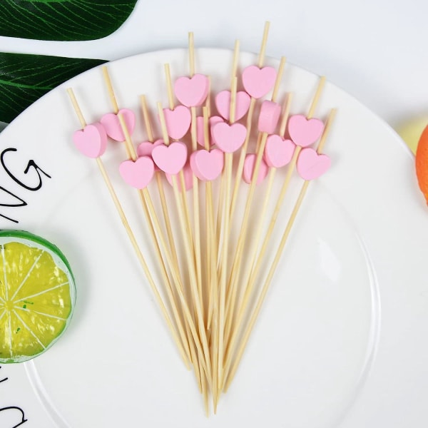 Pink Hjerteformede Bambus Cocktail Sticks - Håndlavede, Helende, Ideelle til Forretter og Bryllupper